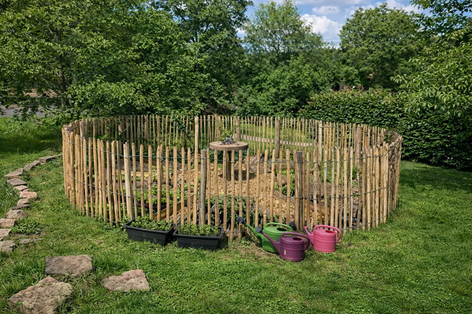 Staketenzaun aus Edelkastanie als runde Einfassung im Garten